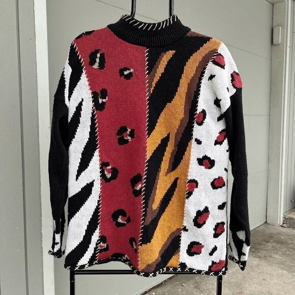 Bold Vintage Animal Print Sweater, 80s Statement Knit with Zebra & Leopard - Picture 1 of 4